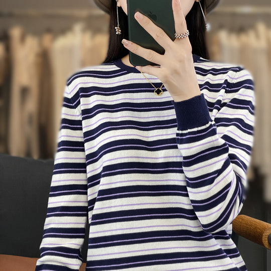 Damen Lässiger Ringel-Feinstrickpullover mit Boxy‑Silhouette und kontrastierenden Rippbündchen Shop Nory