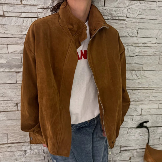 Damen Oversize Veloursleder-Blouson mit hohem Stehkragen und Metallreißverschluss Shop Nory