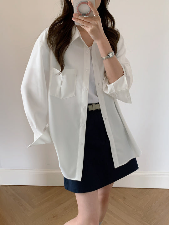 Damen Oversized Hemdbluse aus fließendem Material mit Brusttasche Shop Nory