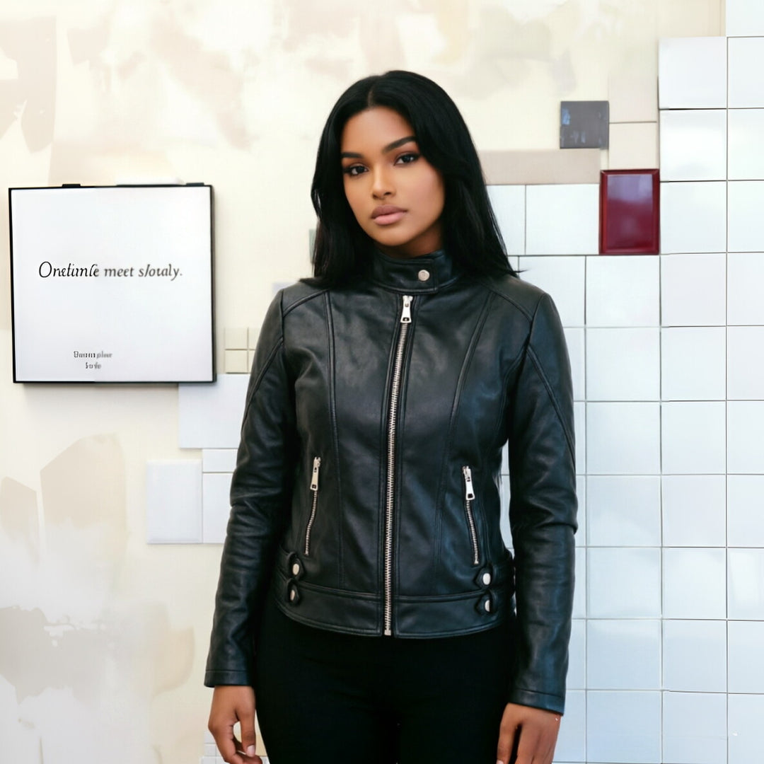 Damen Figurbetonte Motorradjacke mit hohem Stehkragen und Ziergürtel-Details Shop Nory