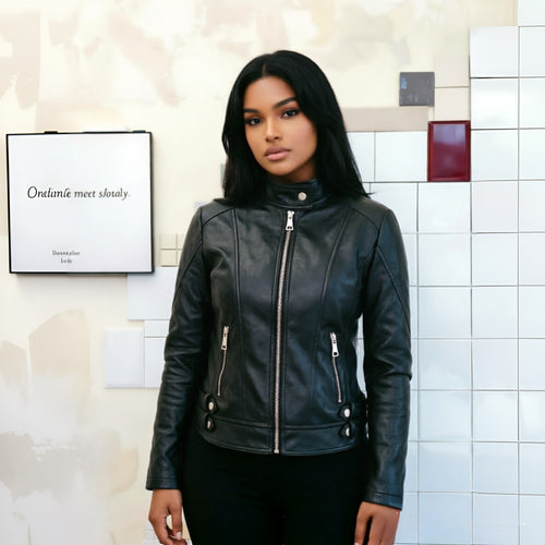 Damen Figurbetonte Motorradjacke mit hohem Stehkragen und Ziergürtel-Details Shop Nory