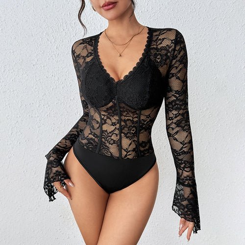 Damen Spitzen-Corsagen-Body mit geformten Cups und Trompetenärmeln Shop Nory