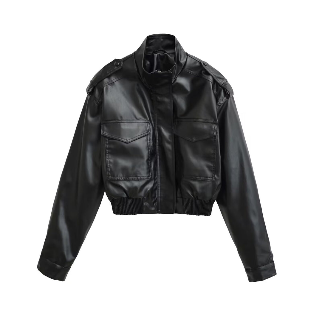 Damen Kurze PU-Leder-Bomberjacke mit hohem Stehkragen, Pattentaschen und Schulterklappen Shop Nory