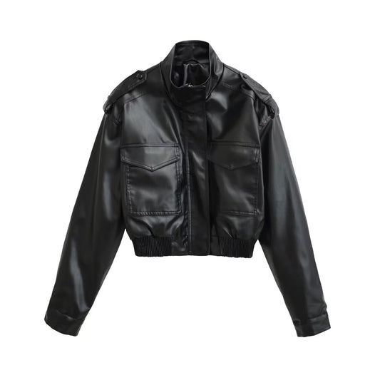 Damen Kurze PU-Leder-Bomberjacke mit hohem Stehkragen, Pattentaschen und Schulterklappen Shop Nory