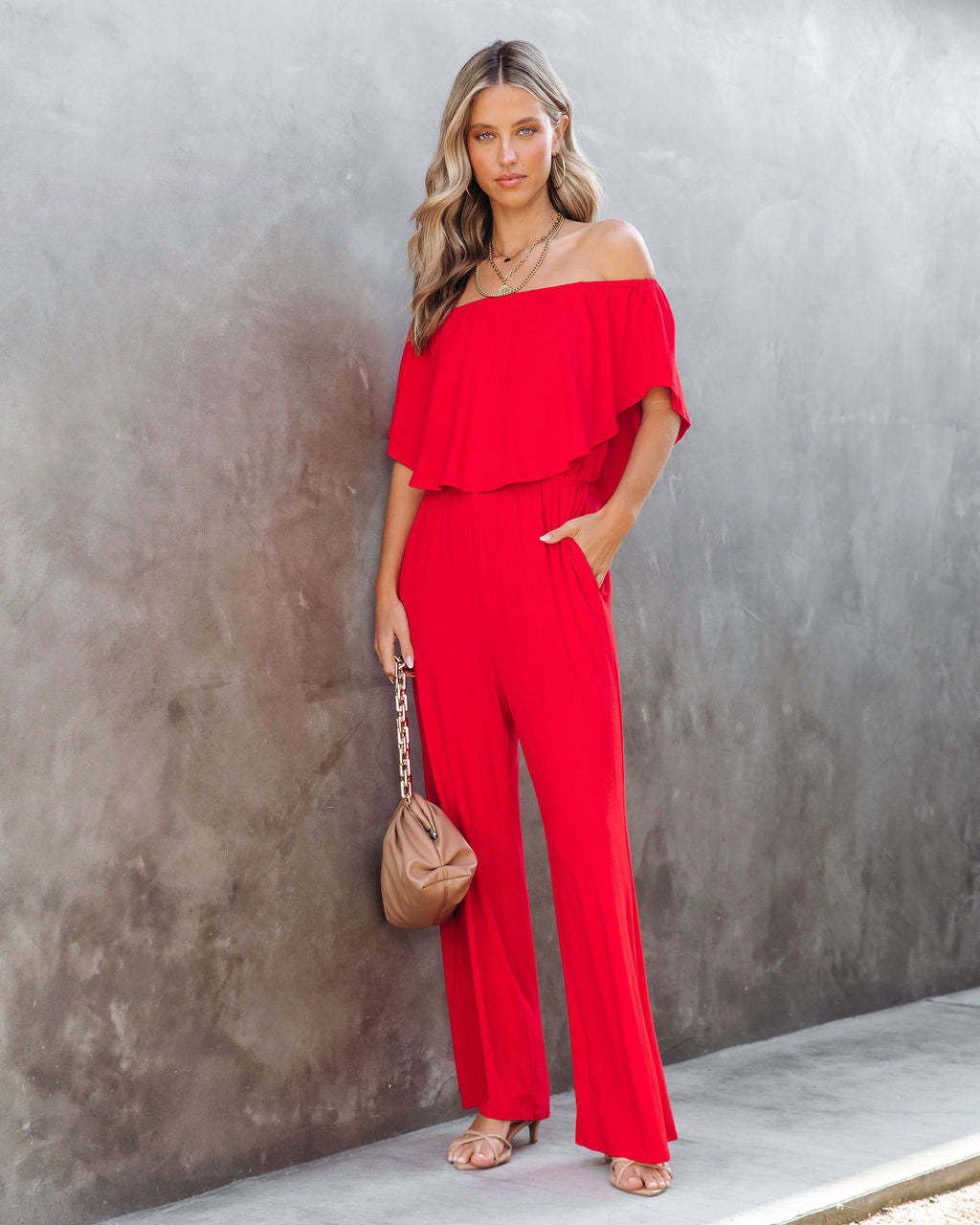 Damen Off-Shoulder Jumpsuit mit weitem Bein und elastischem Bund