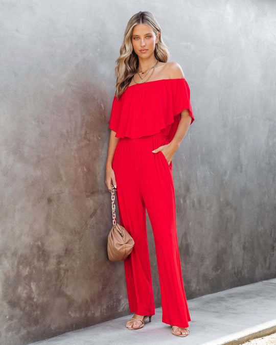 Damen Off-Shoulder Jumpsuit mit weitem Bein und elastischem Bund
