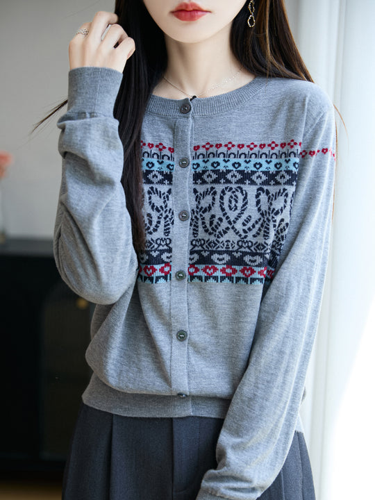 Damen Leichter Feinstrick-Cardigan mit nordischem Jacquardmuster und feiner Knopfleiste Shop Nory