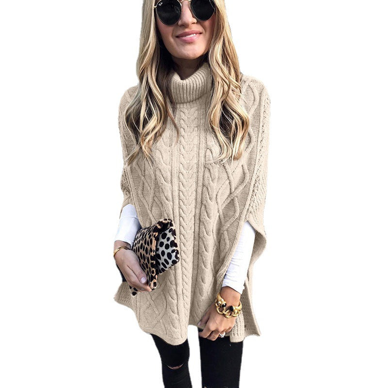 Damen nan kastiger Strickponcho mit hohem Rollkragen, Zopfstruktur und seitlichen Schlitzen Shop Nory