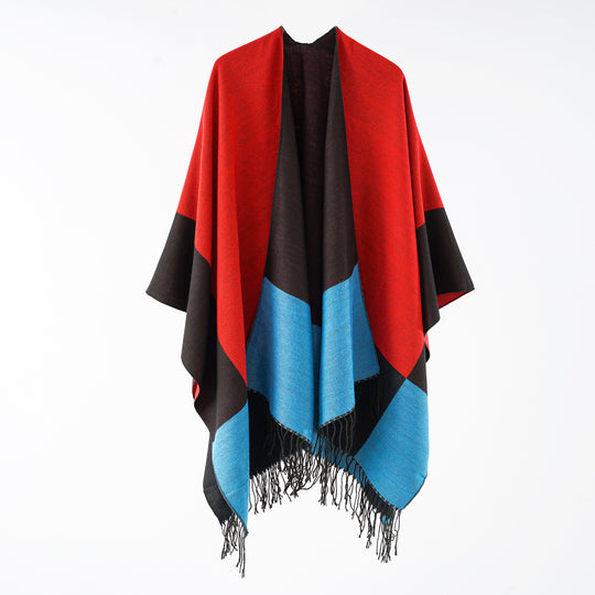 Damen eleganter Wollmix-Capeponcho mit grafischem Blockmuster und Fransen Shop Nory