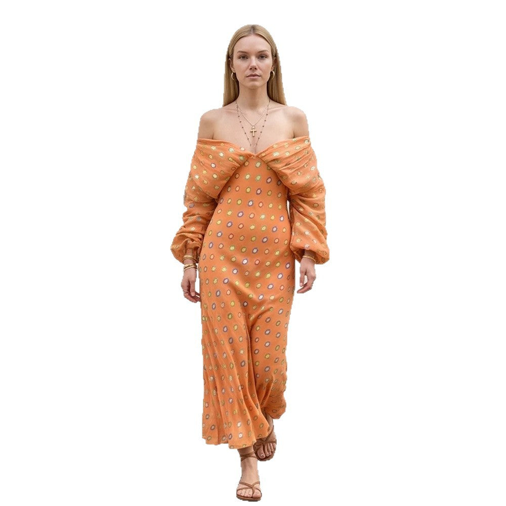 Damen Elegantes Off-Shoulder Maxikleid mit gedrehtem Vorderteil und Ballonärmeln Shop Nory
