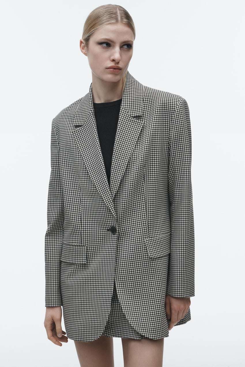 Damen Oversize Hahnentritt Blazer mit Ein-Knopf-Verschluss und Pattentaschen Shop Nory