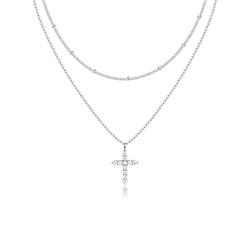 Damen Halskette mit funkelndem Kreuzanhänger und doppellagigem Design Shop Nory