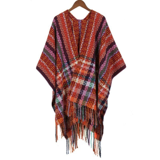 Damen Mehrfarbiger Web‑Poncho im Boho‑Patchwork‑Design mit Fransen Shop Nory