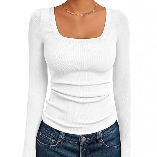 Damen Figurnahes Ripp-Langarmshirt mit weitem Carré-Ausschnitt und Stretch-Baumwollmix Shop Nory