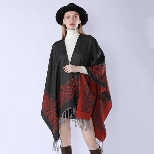 Damen Reversibler Wollmix‑Überwurf im Kimono‑Fall mit ornamentaler Bordüre und Zierfransen Shop Nory