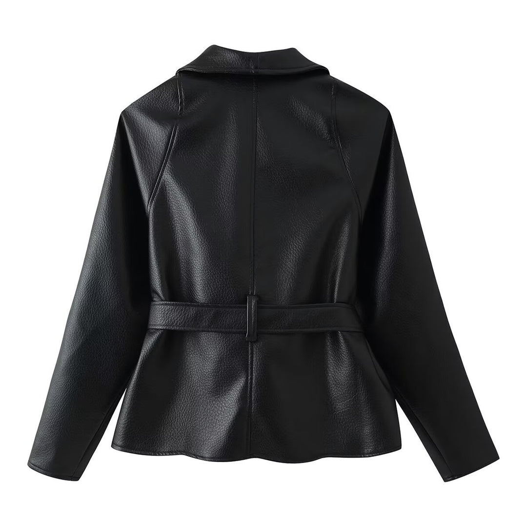 Damen Taillierter Bindegürtel-Lederblazer mit Schalkragen Shop Nory