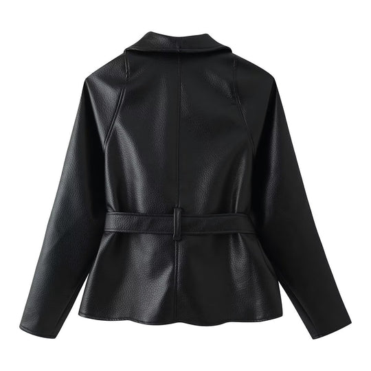 Damen Taillierter Bindegürtel-Lederblazer mit Schalkragen Shop Nory