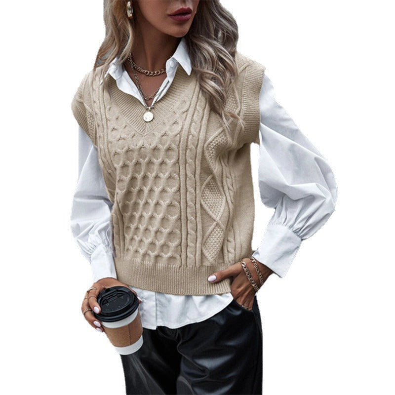 Damen Strickpullover mit Zopfmuster und V-Ausschnitt
