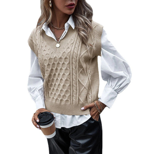 Damen Strickpullover mit Zopfmuster und V-Ausschnitt