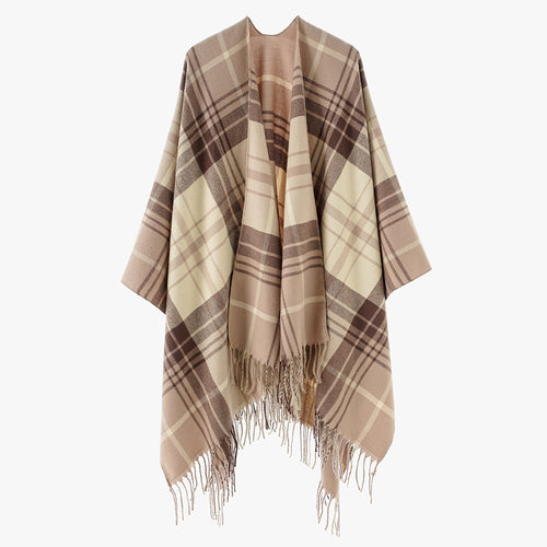 Damen Cape‑Poncho im Oversize‑Deckenstil mit tartanartigem Karomuster und Fransensaum Shop Nory