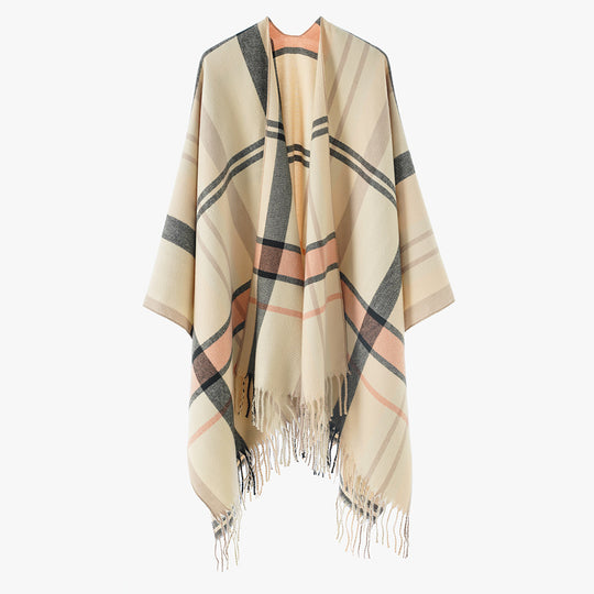 Damen Oversize Karierter Fransen-Poncho aus weichem Strick Shop Nory
