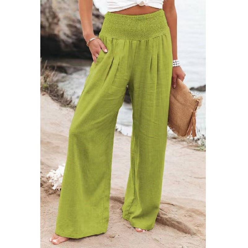 Damen weite Leinenhose mit elastischem Bund und Falten