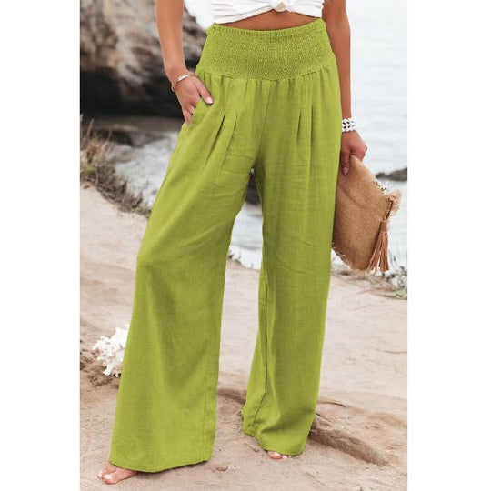 Damen weite Leinenhose mit elastischem Bund und Falten