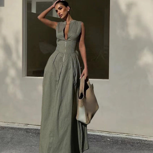 Damen Elegantes Maxi-Kleid mit tiefem V-Ausschnitt und schmalem Schnitt