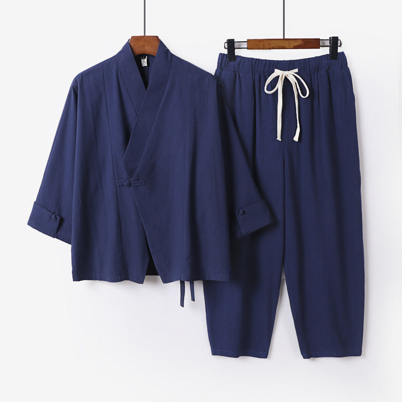 Herren Atmungsaktives Leinen-Baumwoll Lounge-Set mit asymmetrischem V-Kragen und elastischer Kordelhose Shop Nory