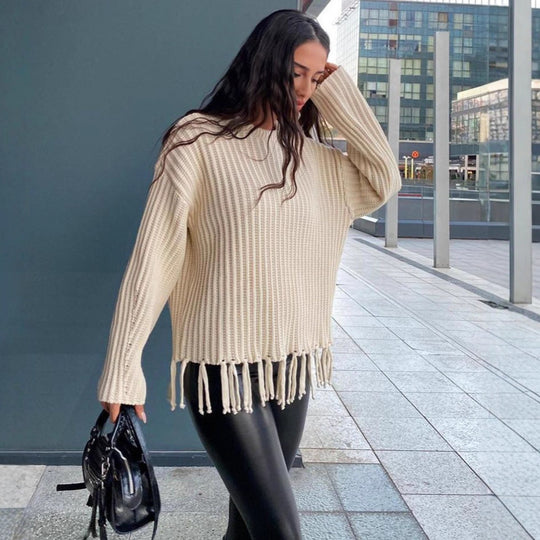 Damen lässiger Rippstrick-Pullover mit Fransen-Saum und Oversize-Silhouette Shop Nory