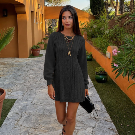 Damen Strickkleid mit Zopfmuster und Ballonärmeln Shop Nory