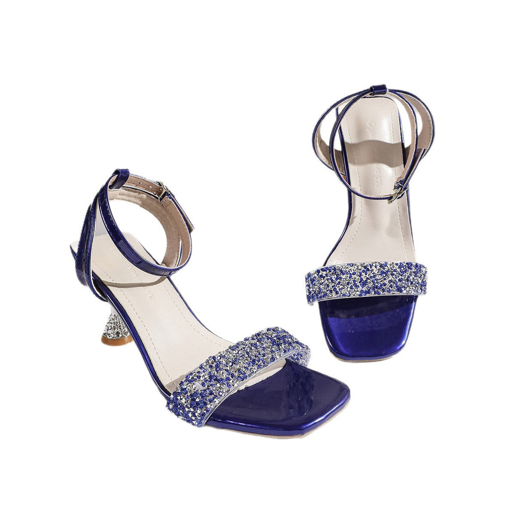 Damen Elegante Strass-Absatzsandalen mit verstellbarem Riemen und modischer Fußbettgestaltung