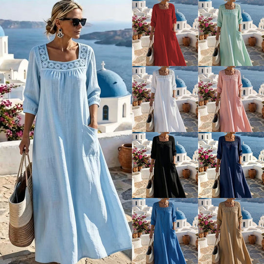 Damen Maxikleid mit gehäkeltem Quadrat-Ausschnitt, dreiviertel Ärmeln und Eingrifftasche Shop Nory