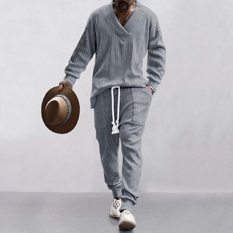 Herren nan grobes Strick-Loungewear-Set mit tiefem V‑Ausschnitt, Kordelzughose und Rippbündchen Shop Nory