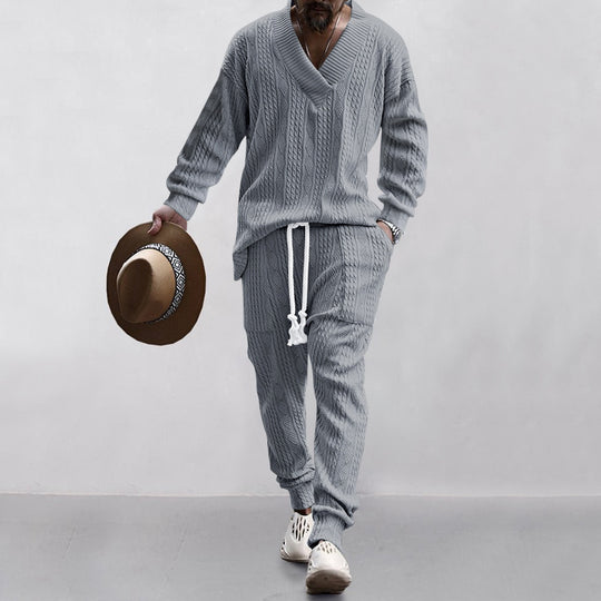 Herren nan grobes Strick-Loungewear-Set mit tiefem V‑Ausschnitt, Kordelzughose und Rippbündchen Shop Nory