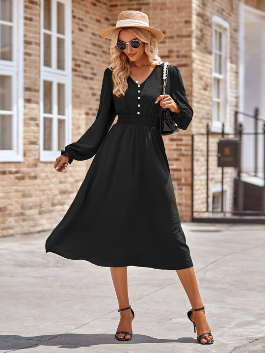 Damen Midikleid mit V-Ausschnitt, geraffter Smock-Taille und Knopfleiste Shop Nory