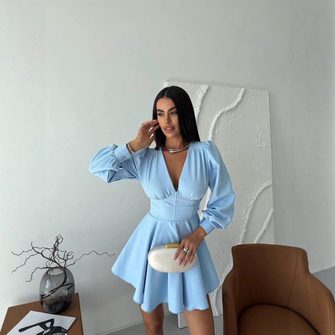 Damen Korsett-Detail Mini-Kleid mit Puffärmeln und ausgestelltem Rock Shop Nory