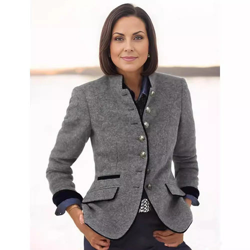 Damen eleganter Blazer mit knöpfbarem Stehkragen und kontrastierenden Taschen