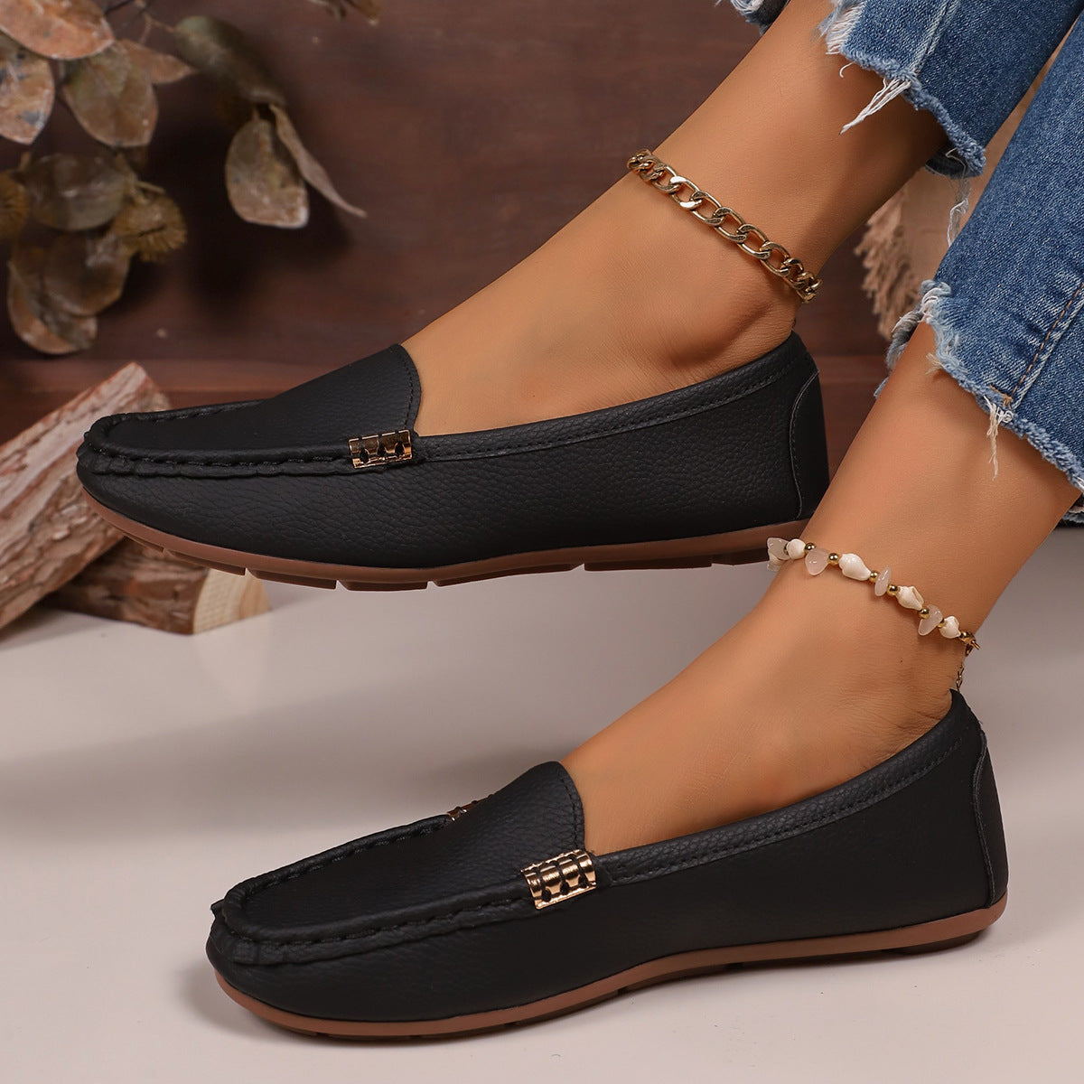 Damen Mokassin-Schuhe mit elegantem Narbenleder und rutschfester Sohle