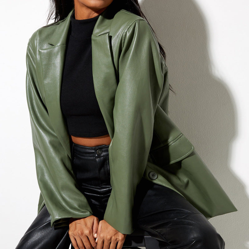 Damen Oversized Kunstleder Blazerjacke