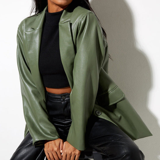 Damen Oversized Kunstleder Blazerjacke