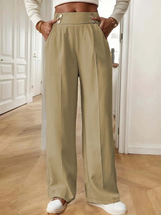 Damen Hochtaillierte Weite Palazzo‑Hose mit Bundknöpfen, Bügelfalte und Eingrifftaschen Shop Nory