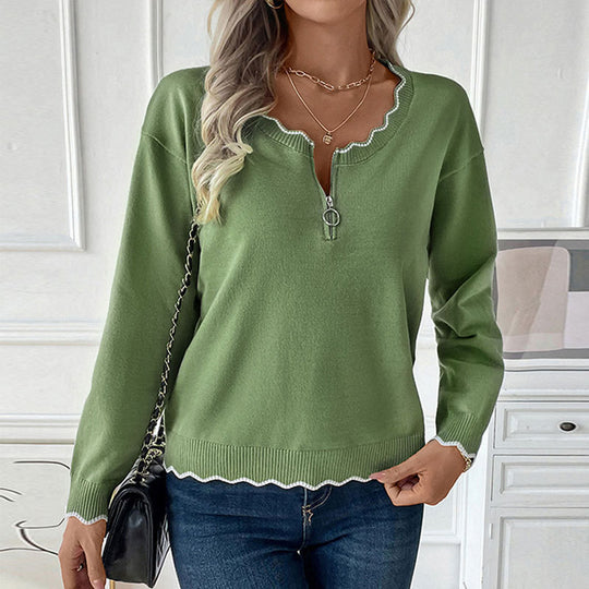 Damen Feinstrick-Pullover mit Reißverschluss-Kragen und gewellter Kontrastkante Shop Nory