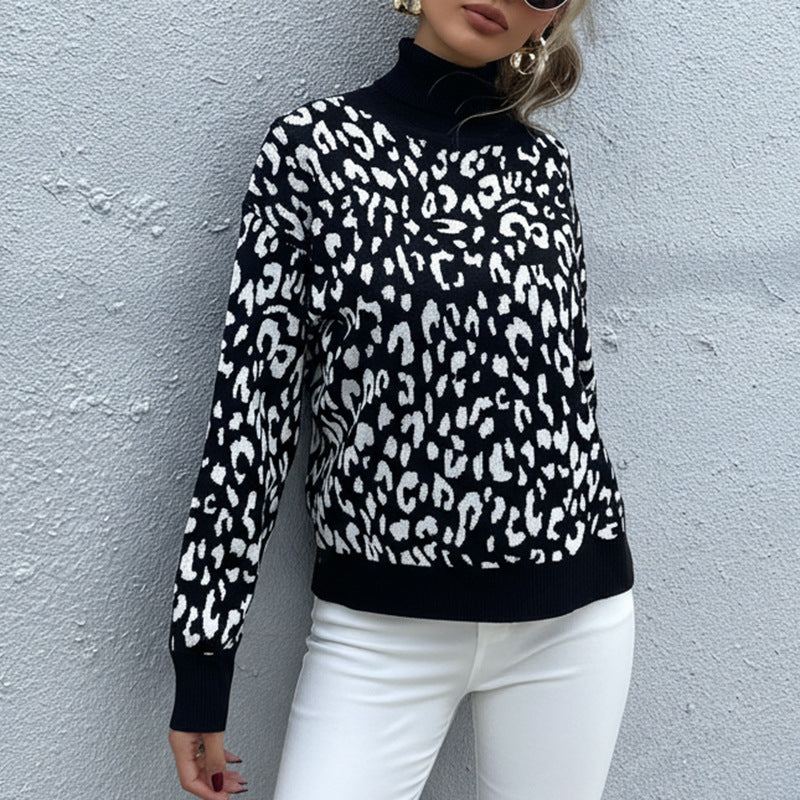 Damen Oversize Feinstrickpullover mit Leoparden-Jacquard und Stehkragen Shop Nory
