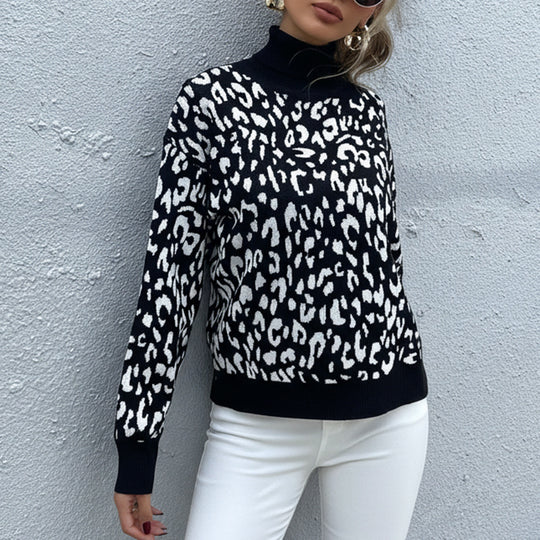 Damen Oversize Feinstrickpullover mit Leoparden-Jacquard und Stehkragen Shop Nory
