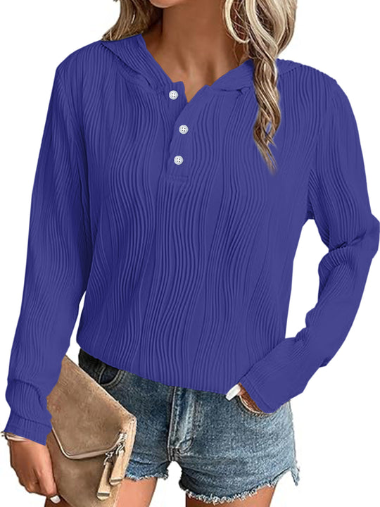 Damen Geripptes Kapuzen-Henleyshirt mit Knopfleiste und leichter Struktur Shop Nory