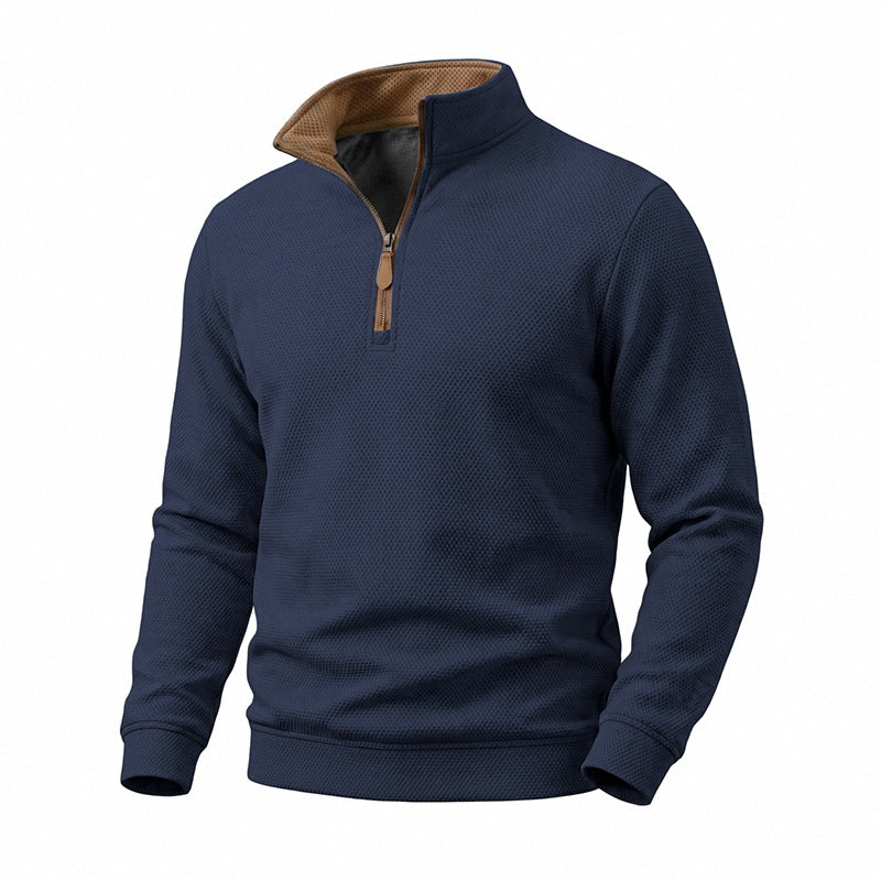 Herren Waffelstruktur-Halbzip-Sweatshirt mit Stehkragen, Kontrastfutter und Lederzipper Shop Nory