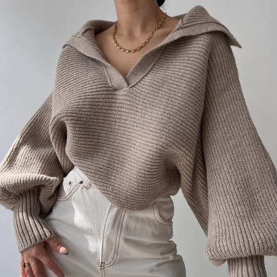 Damen kurzes geripptes Strickpullover mit weitem Matrosenkragen und Ballonärmeln Shop Nory