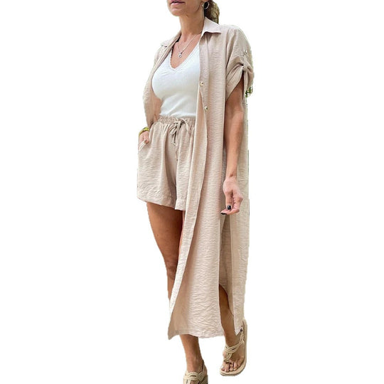 Damen Zweiteiliges Leinenoptik-Set mit langem Duster-Überwurf und elastischer High-Waist-Shorts Shop Nory