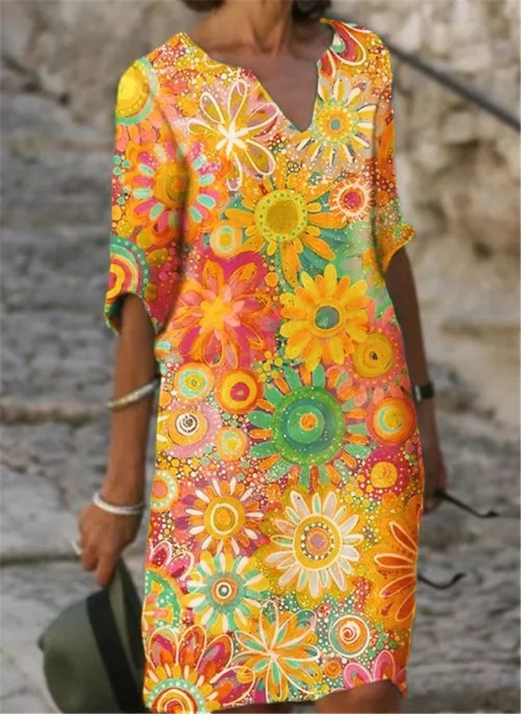 Damen lässiges Freizeitkleid mit floralen Mustern und V-Ausschnitt Shopnory
